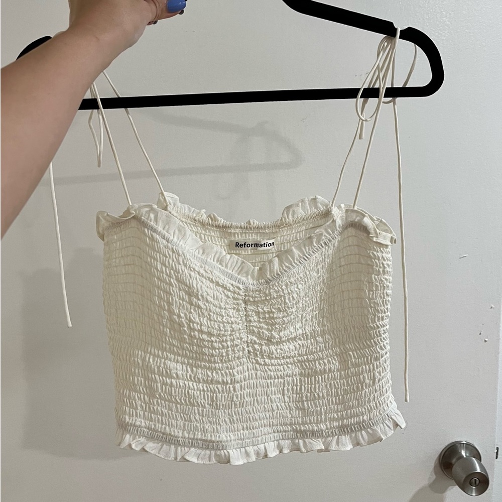 Reformation Strappy Scrunchy White Tank